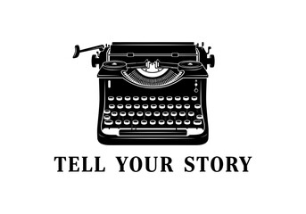 Vintage typewriter with text tell your story isolated on white background