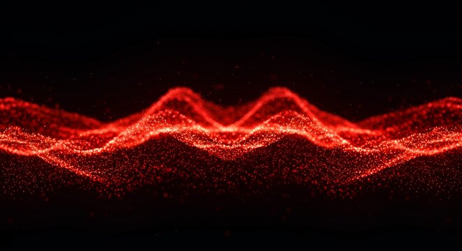 Red glowing particle waves flowing horizontally with luminous peaks on black background for abstract technology and energy visualization designs