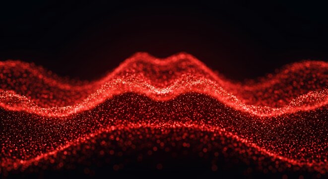 Red particle waves with smooth flowing curves and glowing dots on dark background, abstract digital energy stream for technology concepts