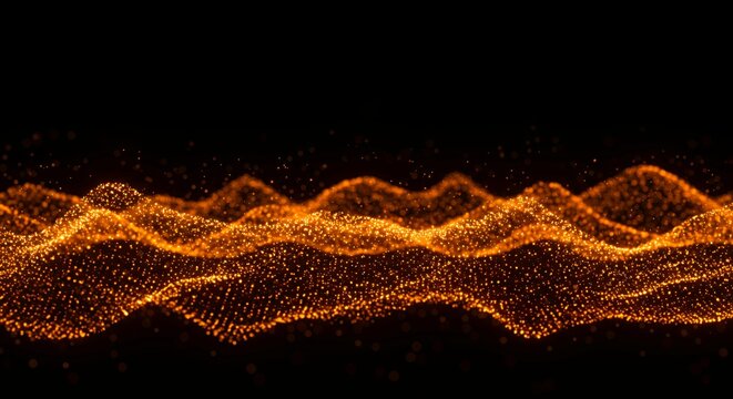 Golden orange particle waves flowing horizontally with bright glowing layers on black background for abstract energy and technology visualization