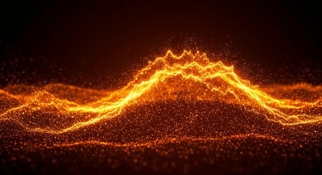 Abstract glowing golden orange particle wave energy flow with sparkling lights on dark background for technology and data visualization concepts