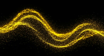 Flowing golden yellow energy particle wave with dynamic swirling motion and glowing sparkles on dark background for abstract technology visualization
