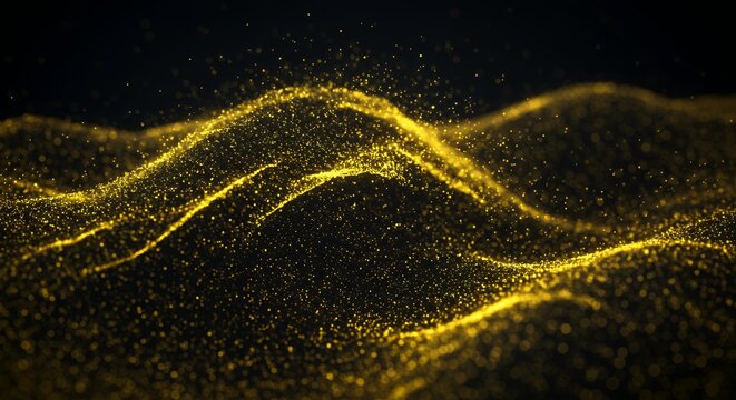 Abstract golden yellow particle wave energy field with dynamic flowing streams and glowing sparkles on dark background for technology data concepts