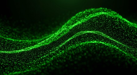 Vibrant neon green glowing particle wave with dramatic energy peaks and flowing streams on dark background for technology data visualization abstract