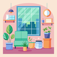 Eco-friendly Home Interior with Solar View Vector Illustration
