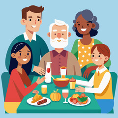 Multigenerational Family Sharing Meal Vector Illustration
