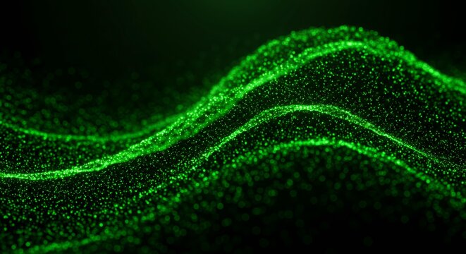 Vibrant neon green glowing particle wave with dramatic energy peaks and flowing streams on dark background for technology data visualization abstract - Powered by Adobe