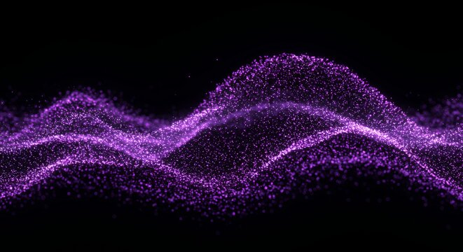 Purple magenta particle wave mountains with glowing peaks and bokeh effects for abstract technology and data visualization backgrounds