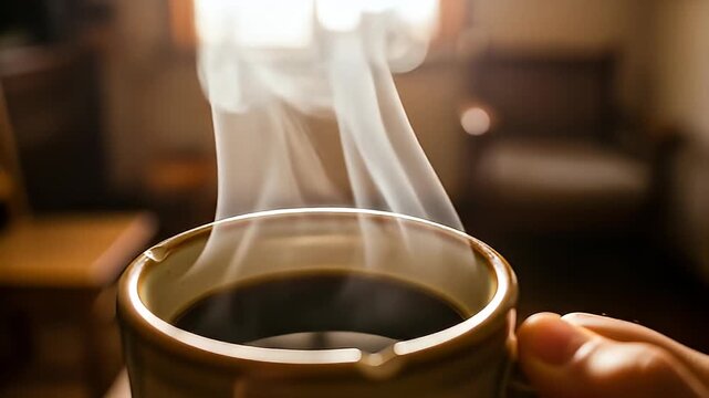 steaming hot coffee mug indoors warm cozy morning