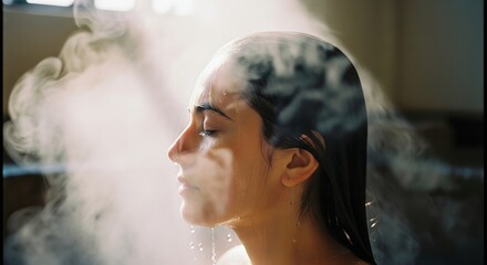 Profile of a serene woman relaxing in steam with her eyes closed.