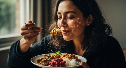 Woman savoring a bite of delicious food with magical sparkles.