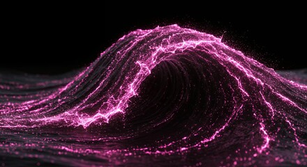 Abstract purple magenta particle wave flowing motion with glowing luminous trails and energy streams on black background for technology visualization