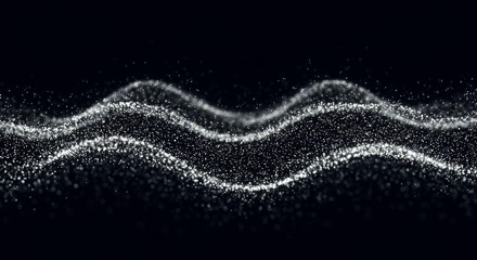 White silver glowing particle waves flowing in elegant curved motion with sparkling luminous trails on black background for sophisticated digital visualization