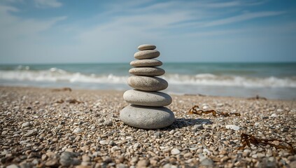 Balanced Stack of Pebbles on a Quiet Shoreline