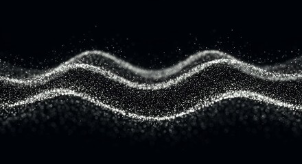 Silver white glowing particle waves flowing in multiple curved layers with sparkling luminous motion effects on dark background for elegant technology design