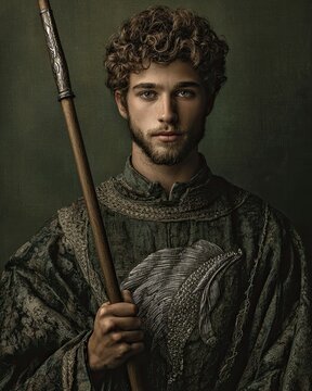 Archangel Raphael portrait with staff and silver fish emblem.