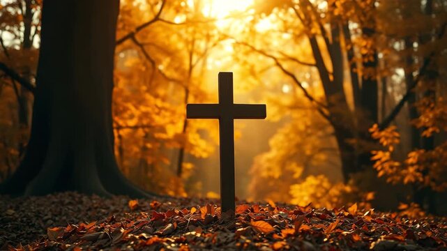 Wooden cross stands among fallen autumn leaves, a serene scene in forest with warm golden hour light illuminating nature.