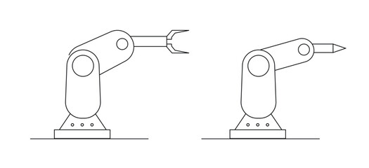 Factory Robots Flat Style Line Art Isolated on White. Technology and hi tech equipment for manufacturing vector art