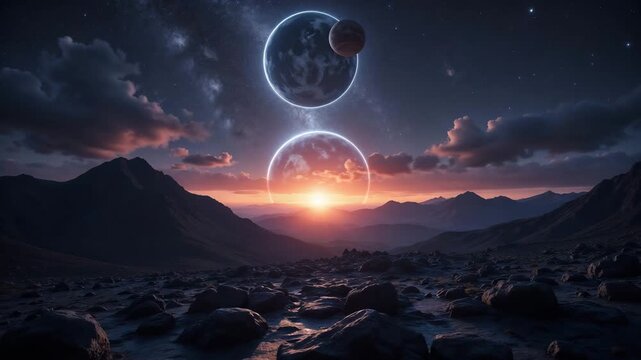 Cosmic lens flare casts an ethereal glow over a rocky alien landscape, with planets aligned in sky. Cosmic lens flare effect creates a dreamy atmosphere, enhancing mountains and celestial bodies.