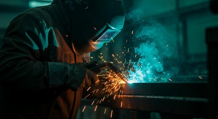 Industrial metal welder using arc welding torch on steel beam with orange sparks flying in fabrication shop setting