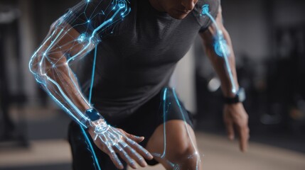 Rehabilitation session captured midmotion with a medium shot showing an augmentedreality coach app projecting virtual guides and tracking progress precisely on focused body parts