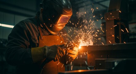 Industrial welder working on metal pipe joint with bright welding arc producing golden sparks in manufacturing facility