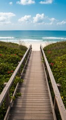 Obraz premium Wooden Path to the Ocean: A sun-drenched wooden walkway leads to the endless ocean, framed by lush coastal vegetation under a clear blue sky with fluffy clouds, inviting tranquility and serenity.