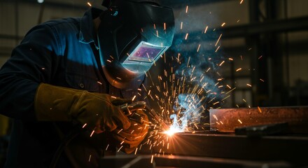 Industrial welder joining metal components with arc welding creating brilliant orange and blue sparks in workshop