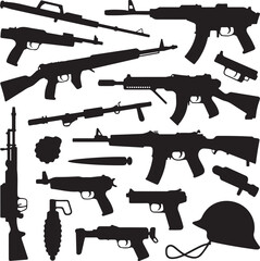 Silhouette collection of various firearms and military equipment on white rifle shotgun