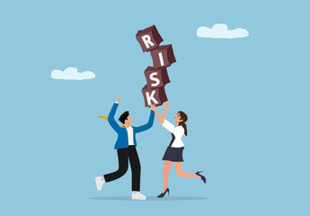 Business Teamwork Holding and Balancing Unstable Risk Blocks Together, Partnership in Facing Business Challenges, Financial Crisis, and Risk Management Concept