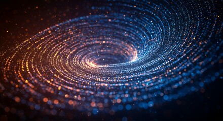 Spiral galaxy data visualization with orange and blue glowing particles forming vortex pattern on black background for technology concepts