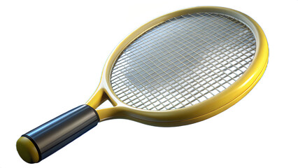 A close up shot of a yellow tennis racket with a black handle on a white background isolated object