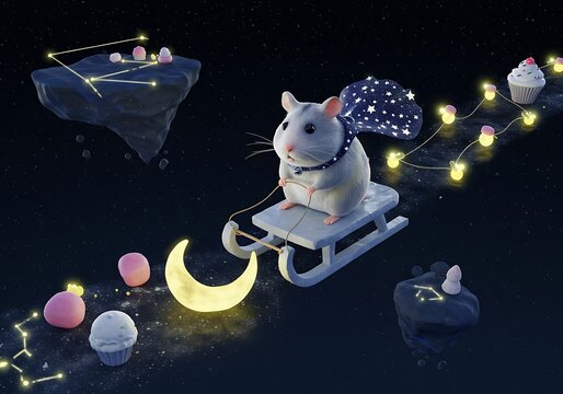 Adorable mouse on sled delivers cupcakes through starry night sky adventure illustration art, whimsical fantasy - Powered by Adobe