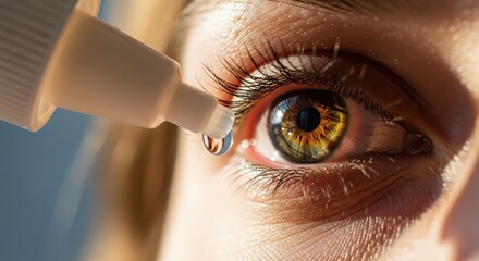 Close-up of a woman applying moisturizing eye drops for relief.