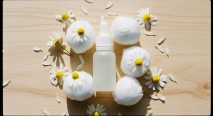 Naklejka premium Skincare serum bottle with chamomile flowers and cotton balls.