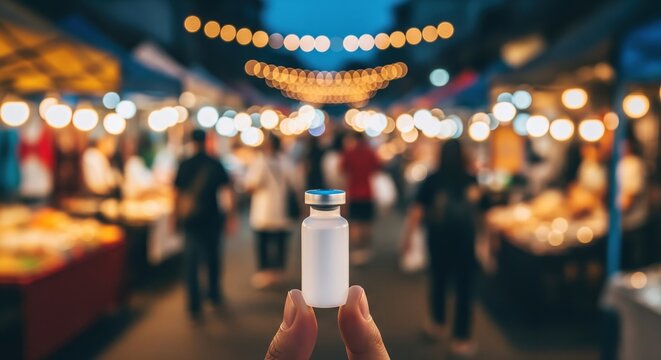Hand holding vaccine vial at a busy night market