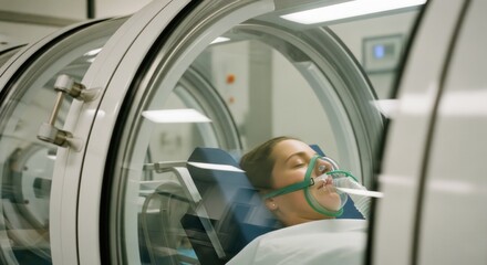 Woman receiving hyperbaric oxygen therapy in a chamber.