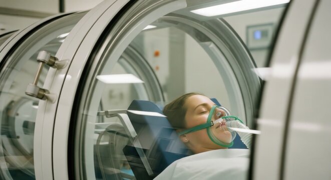 Woman receiving hyperbaric oxygen therapy in a chamber.