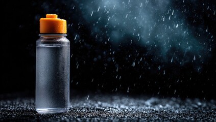 Clear plastic water bottle on dark surface, rain effect