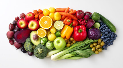 A visually appealing and colorful display of various fruits, vegetables, and other healthy foods arranged in the shape of an oval or circle on a white background