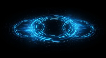 Advanced blue neon holographic interface with dual circular portals and geometric HUD elements in deep space, technology visualization for cyber security and AI systems