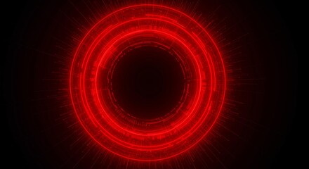 Intense red neon circular hologram with radiating light beams and technical HUD elements, cyberpunk technology interface for security systems and digital alert displays