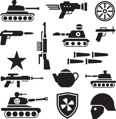 Naklejka premium Military and weapon icons including tanks guns bullets star shield helmet and teapot pistol rifle