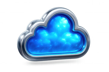 Chrome cloud computing icon with glowing blue center represents modern technology and data storage on transparent background