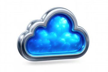Chrome cloud computing icon with glowing blue center represents modern technology and data storage on transparent background