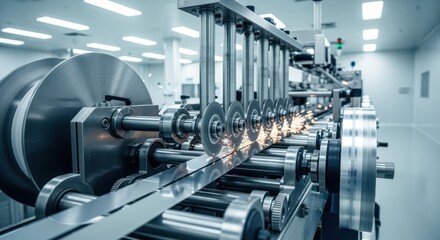 Side perspective of automated superconducting tape slitting line showcasing highspeed precision blades cutting narrow metallic tapes in a clean room environment.