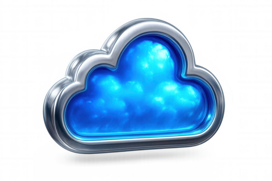 Chrome cloud computing icon with glowing blue center represents modern technology and data storage on transparent background