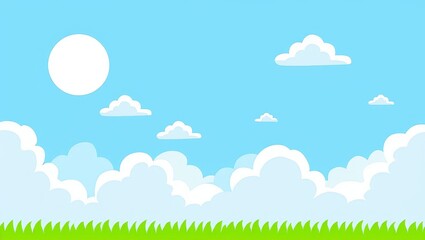 Obraz premium Cartoon Landscape with Sun, Clouds, and Grass