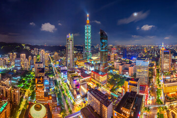 Aerial view of downtown and traffic in Taipei, Taiwan.