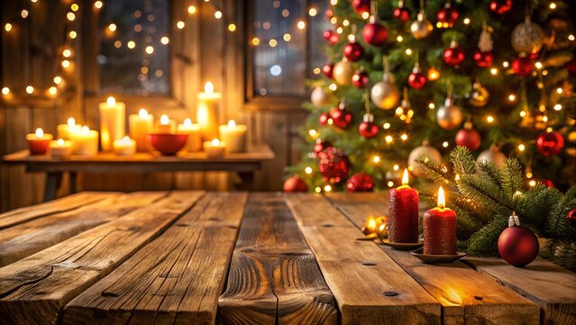 Photo of cozy christmas scene with a decorated tree, glowing candles, and warm lights on a rustic wooden table, creating a festive and inviting holiday atmosphere indoors